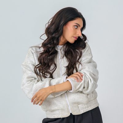 Cropped Zipper Jacket with Silver Foil Print (Heather Grey)