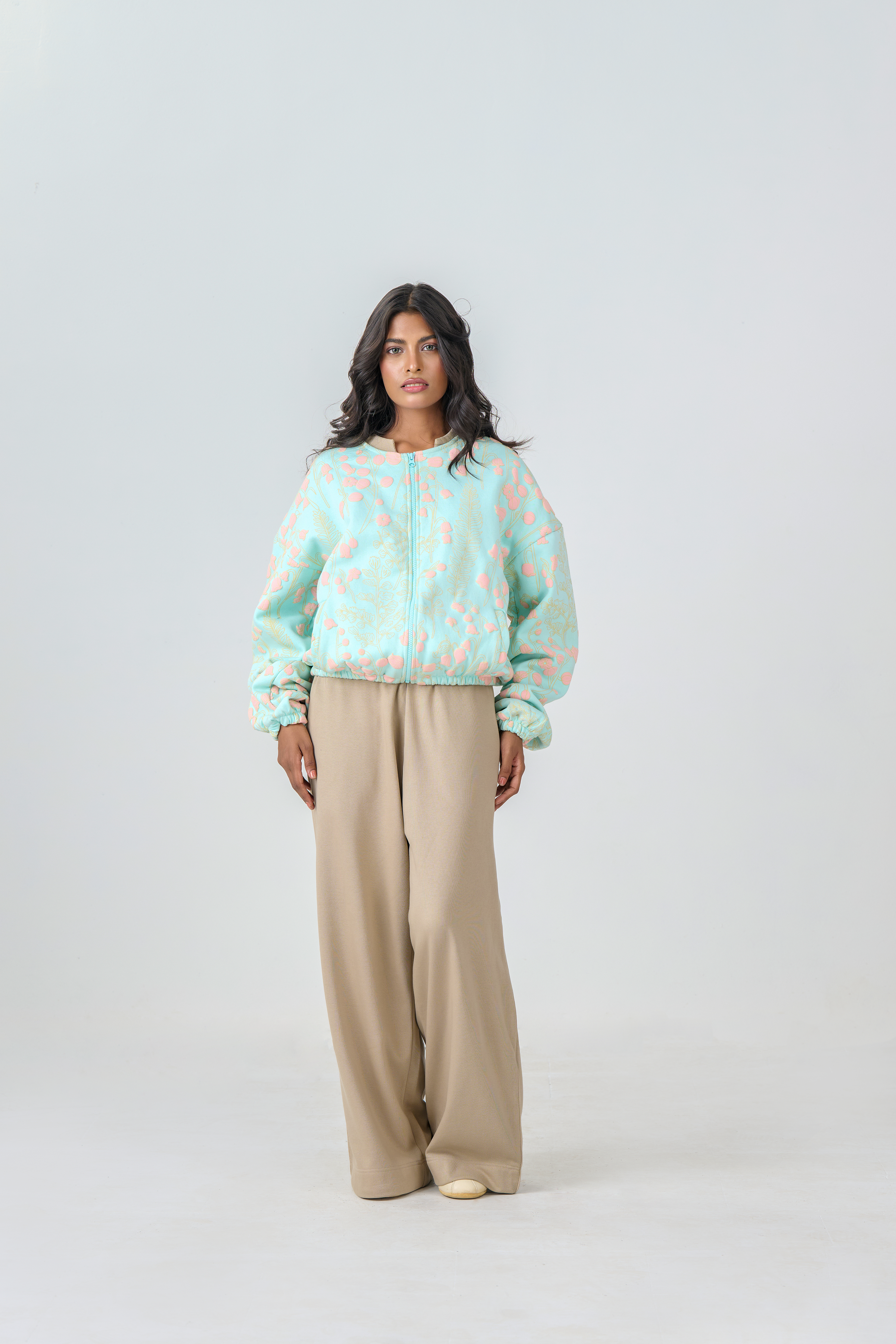 Cropped Zipper Jacket with Embossed Print (Mint Green)