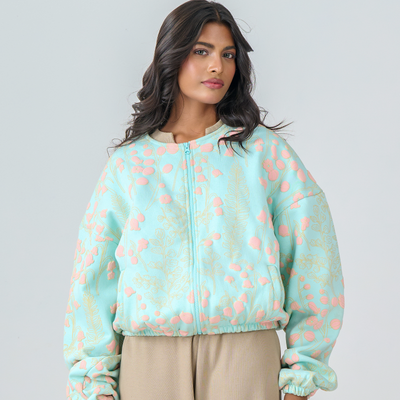 Cropped Zipper Jacket with Embossed Print (Mint Green)
