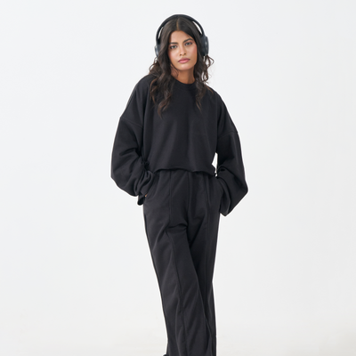 French Terry Crop Co-Ord Set (Black)