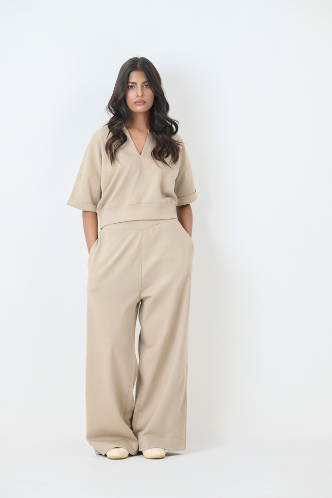 French Terry V-Neck Co-Ord Set (Beige)