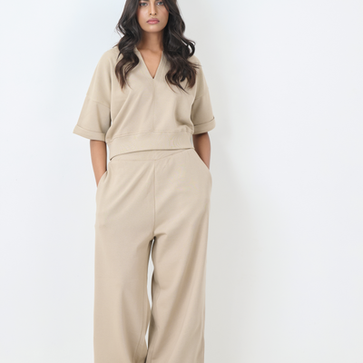 French Terry V-Neck Co-Ord Set (Beige)