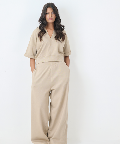 French Terry V-Neck Co-Ord Set (Beige)
