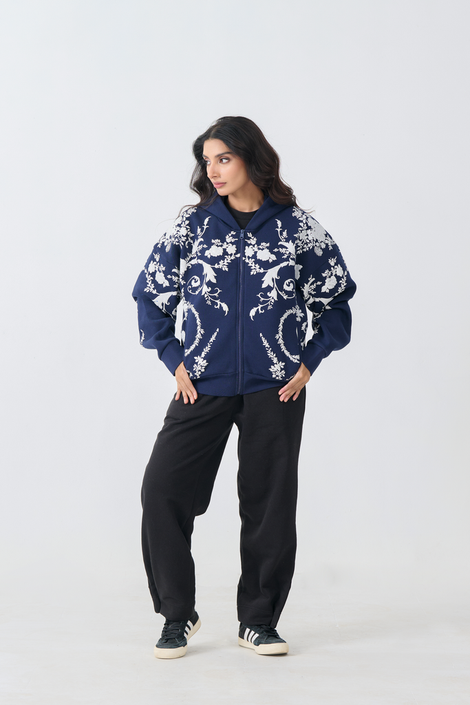 Loose Fit Fleece Zipper Hoodie with emboss print (Navy Blue)