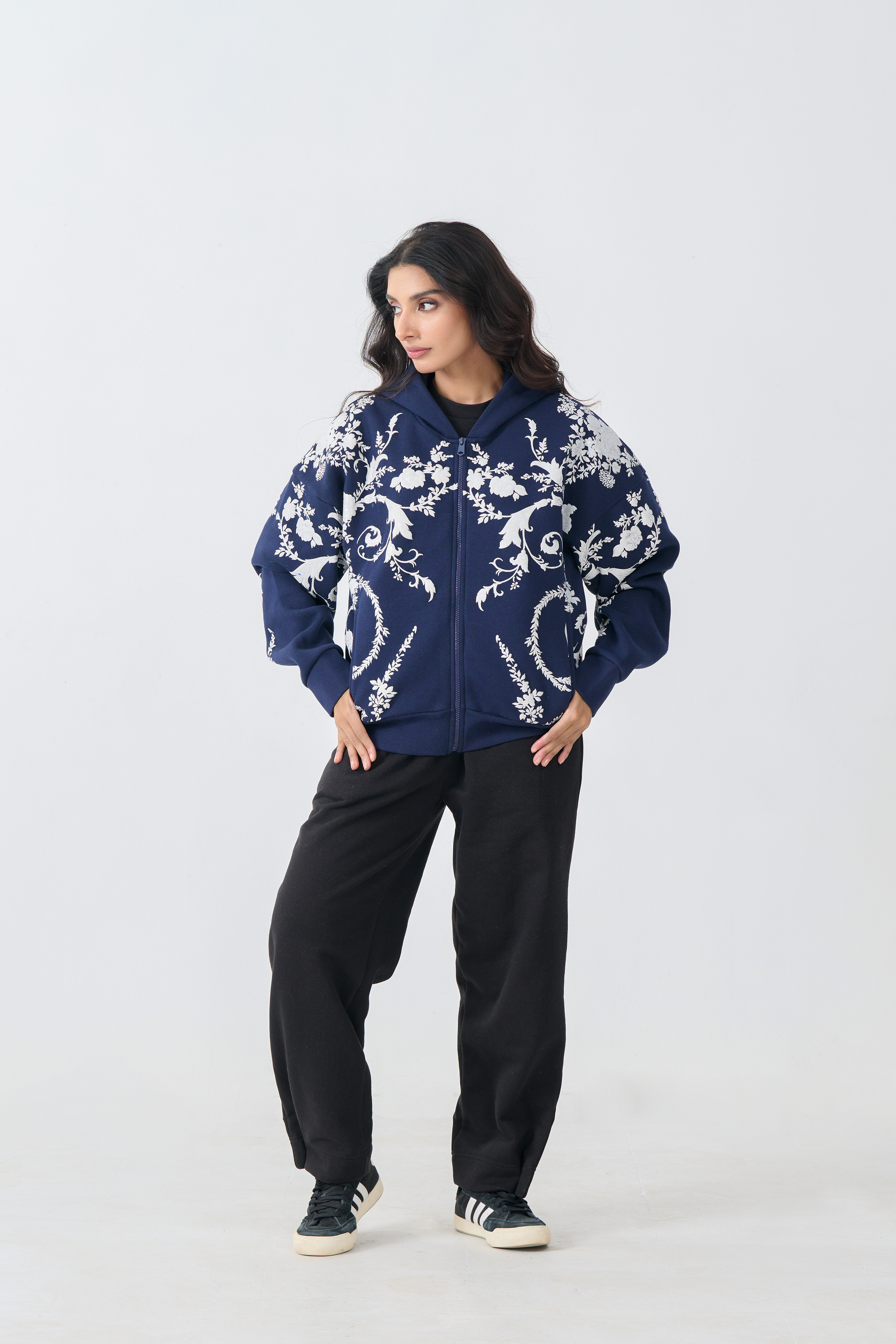 Loose Fit Fleece Zipper Hoodie with emboss print (Navy Blue)