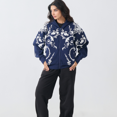 Loose Fit Fleece Zipper Hoodie with emboss print (Navy Blue)