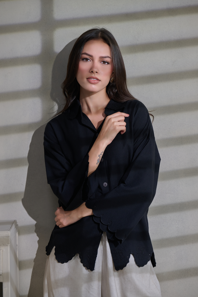 Black Linen Embroidered Button Down Shirt
