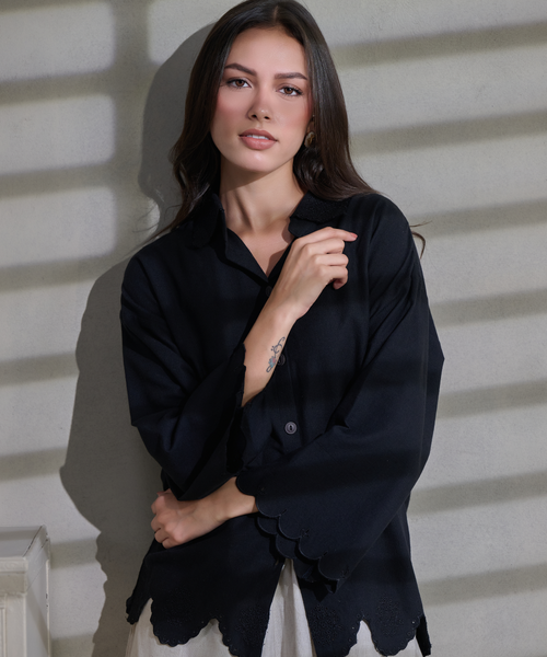 Black Linen Embroidered Button Down Shirt
