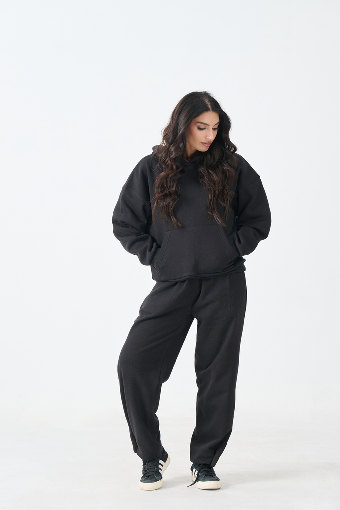 Loose Fit Fleece Pull Over Hoodie with Digital Print Patch (Black)