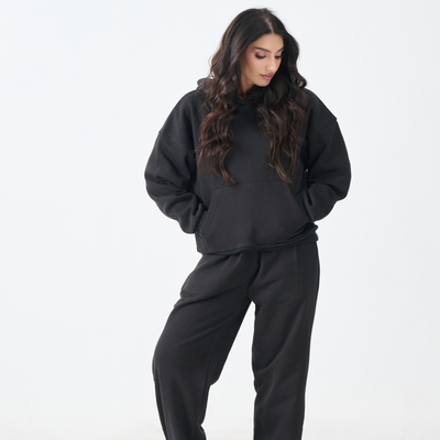 Loose Fit Fleece Pull Over Hoodie with Digital Print Patch (Black)