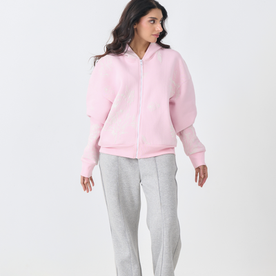 Loose Fit Fleece Zipper Hoodie (Pink)
