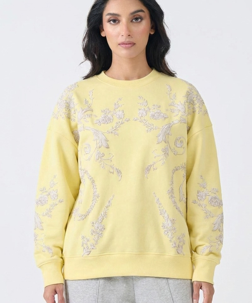 Loose Fit Fleece Sweatshirt with Emboss Print (Yellow)