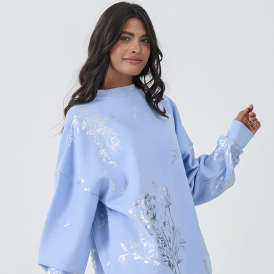 Loose Fit Sweatshirt with Silver Foil Print (Ice Blue)