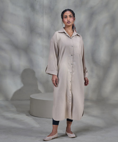 Beige Linen Front Open Dress