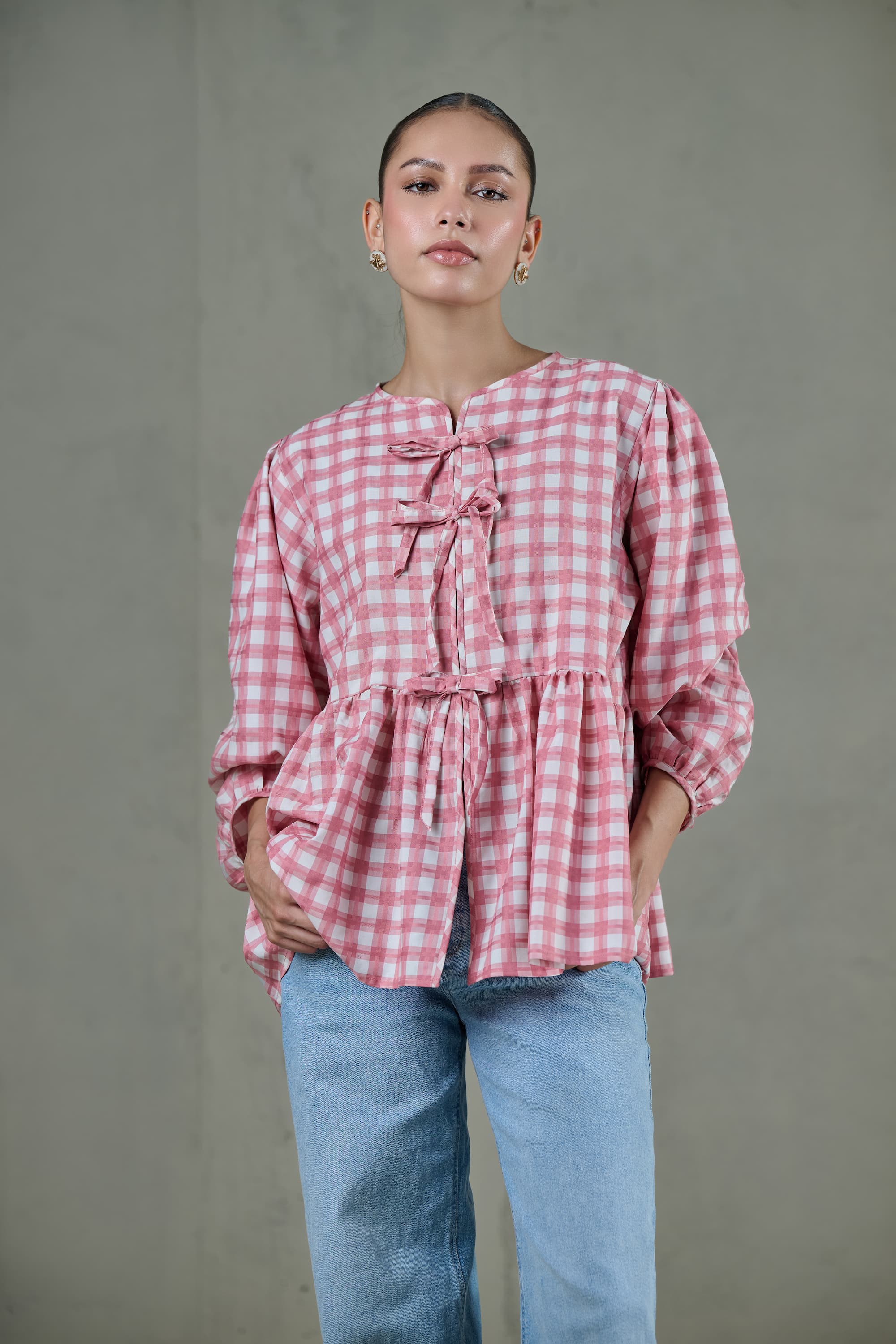 Pink Checked Linen Peplum Top