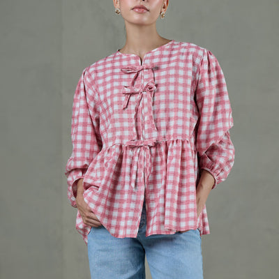 Pink Checked Peplum Top