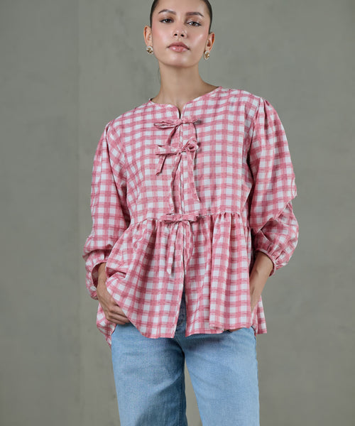 Pink Checked Linen Peplum Top