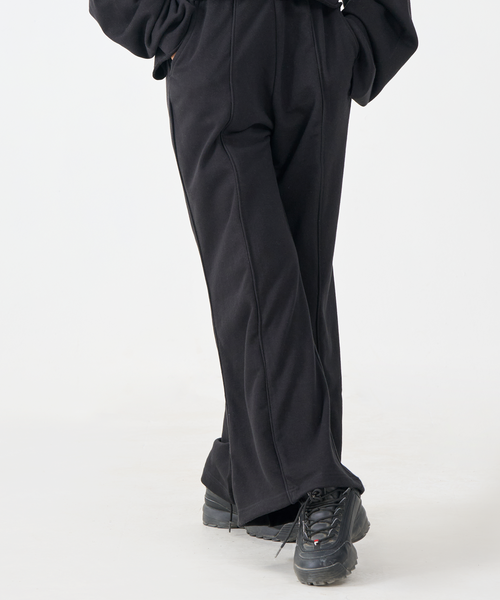 French Terry Wide-Leg Seam Trousers (Black)