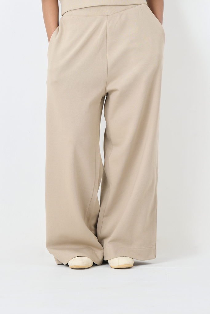 French Terry Wide-Leg Comfort Trousers (Beige)