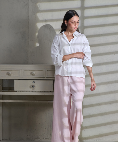 White Self Jacquard Cotton Button Down High-Low Shirt
