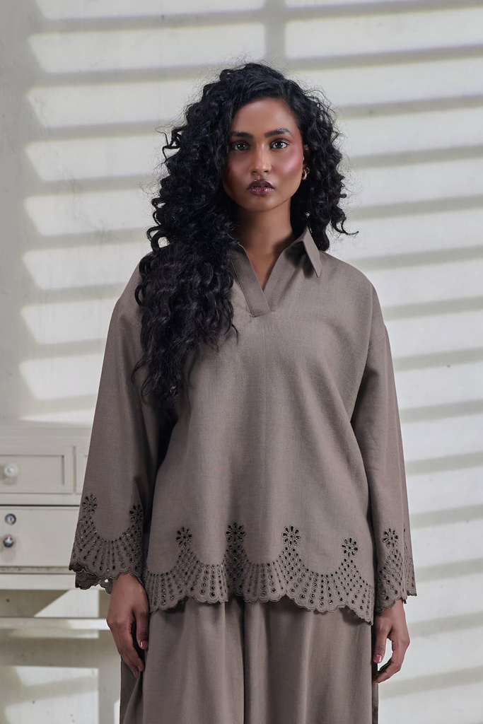 Brown Linen Embroidered Shirt