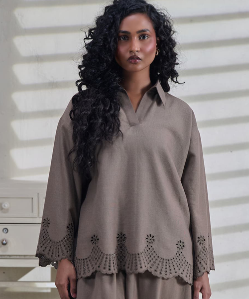 Brown Linen Embroidered Shirt