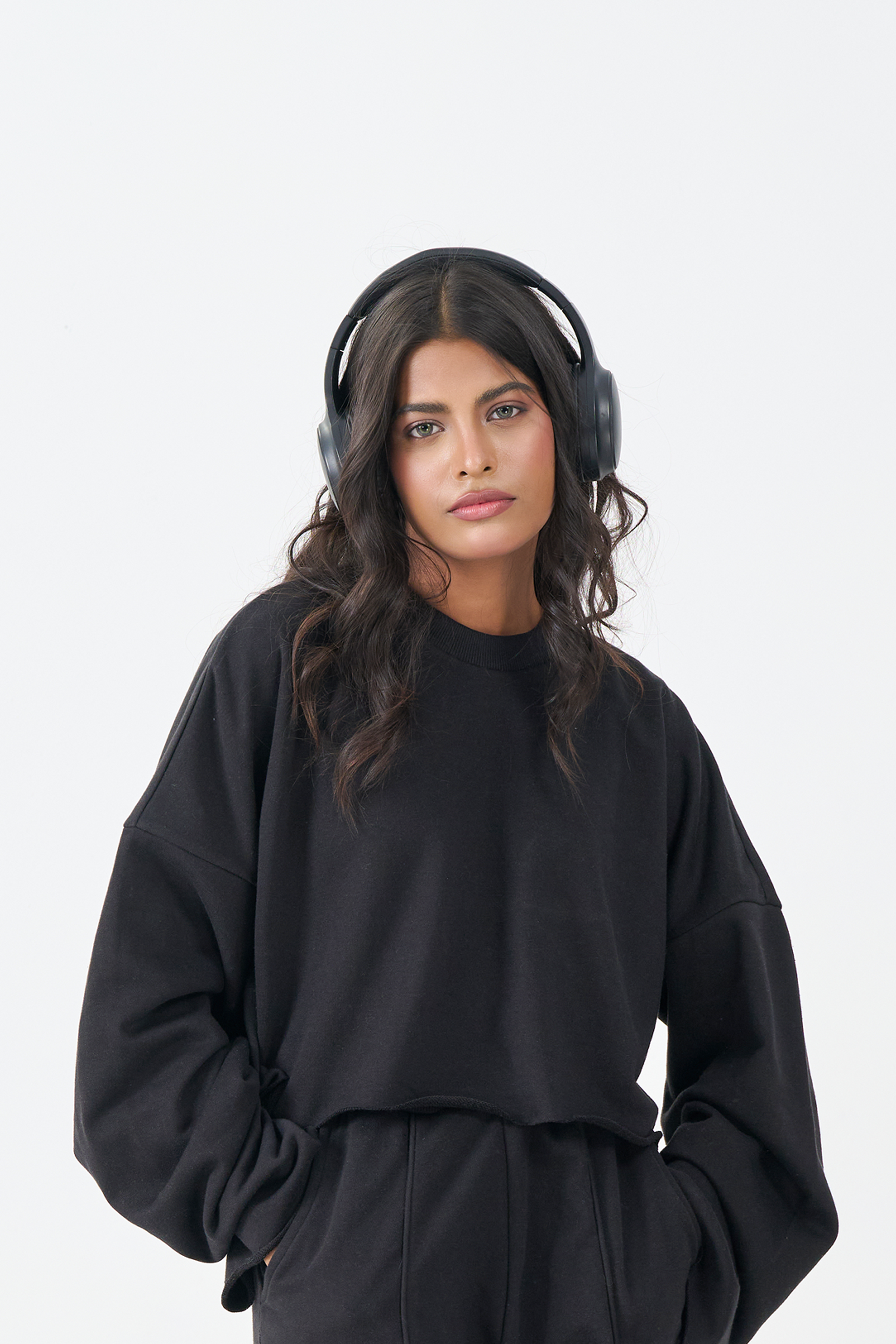 French Terry Crop Long Sleeve Top (Black)