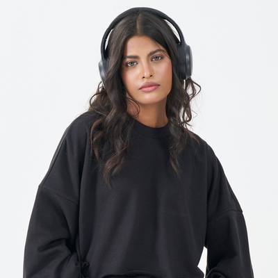 French Terry Crop Long Sleeve Top (Black)