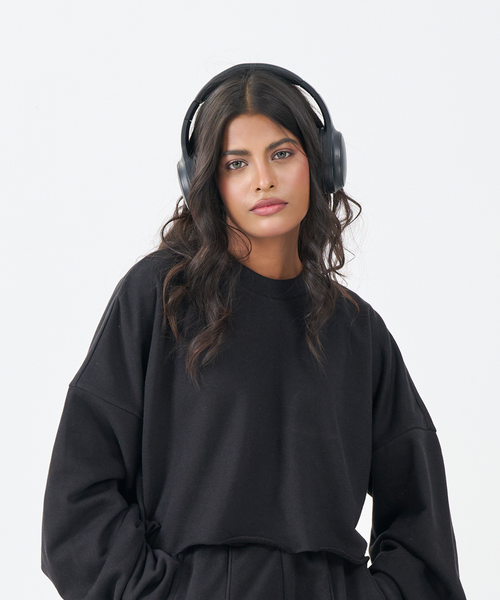 French Terry Crop Long Sleeve Top (Black)